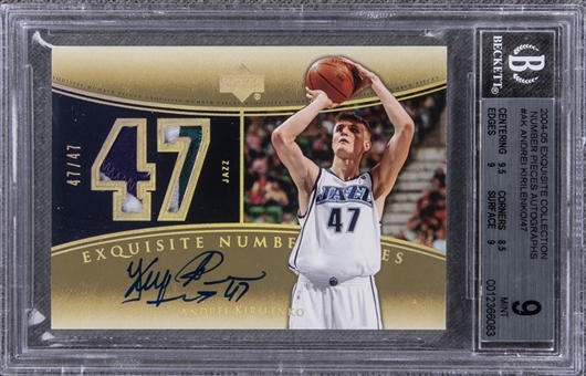 2004-05 UD "Exquisite Collection" Number Pieces Autographs #AK Andrei Kirilenko Signed Game Used Patch Card (#47/47) – BGS MINT 9/BGS 10